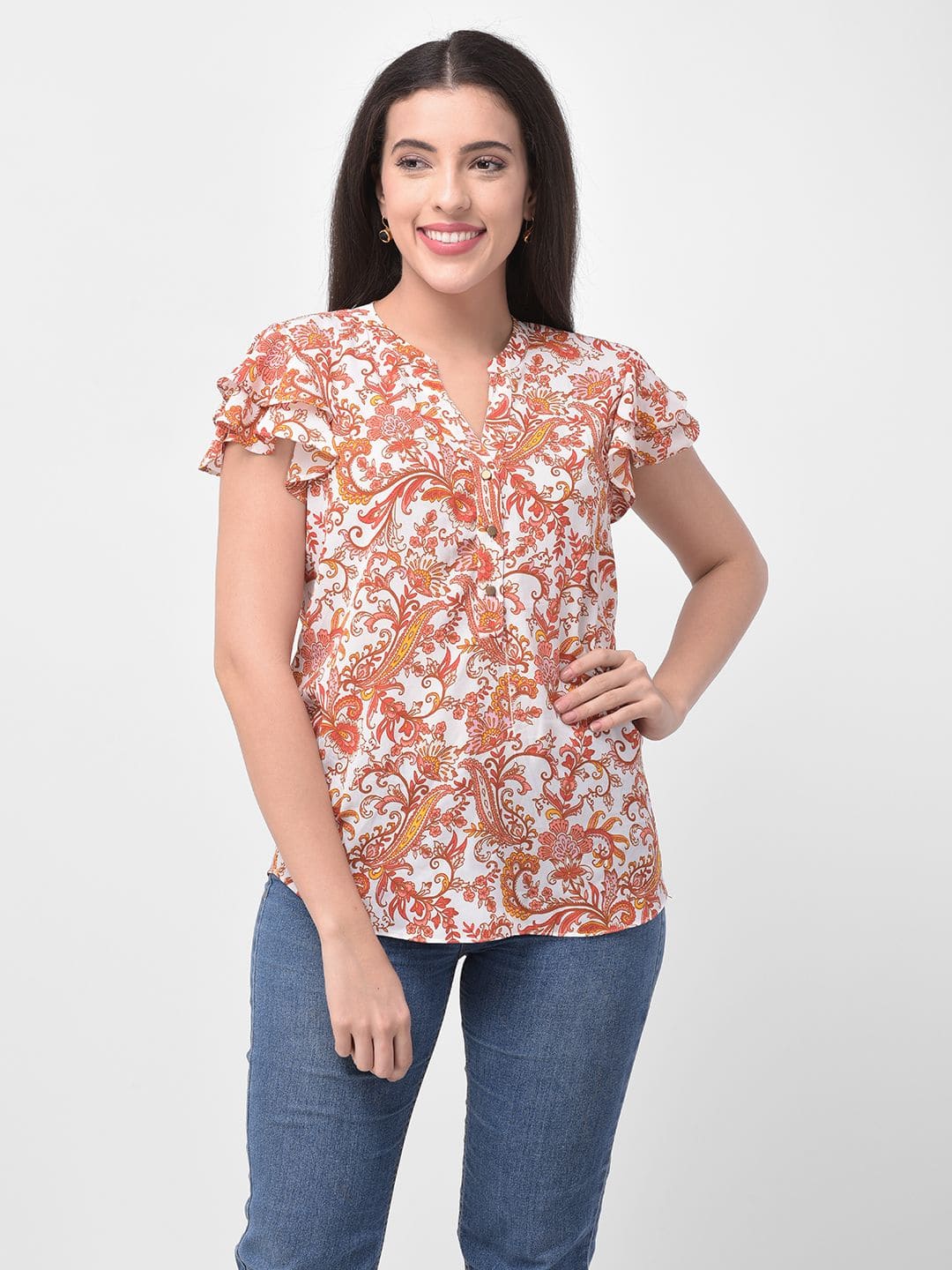 Women Ruffled Short Sleeve Detail Floral Printed Top