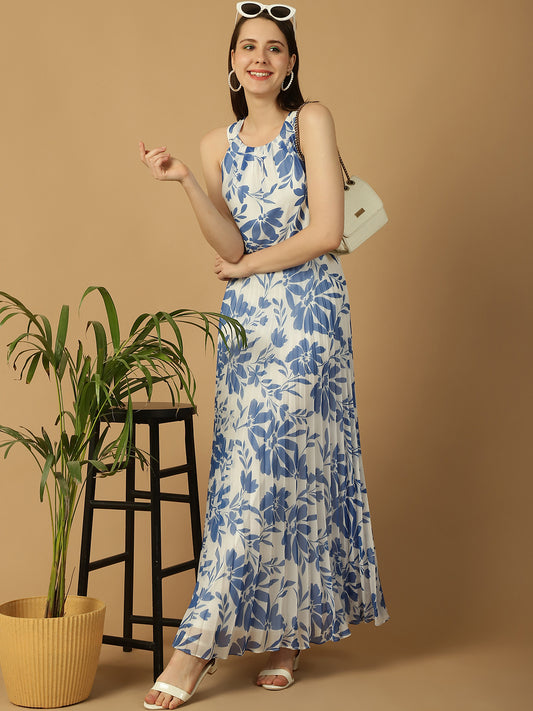 Royal Blue Floral Chiffon Halter Neck Maxi Dress