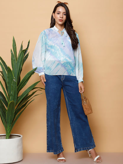 Women’s Blue & White Abstract Tie-Dye Printed Top
