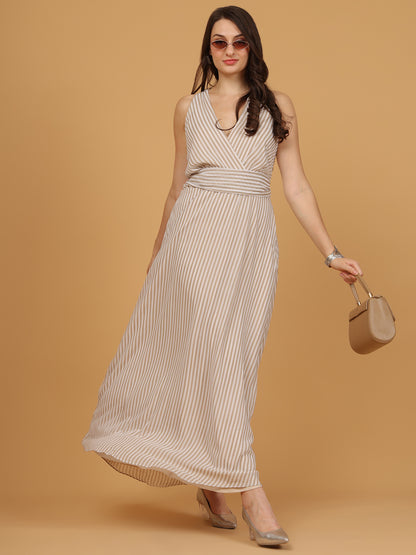 Beige & White Striped Wrap Maxi Dress