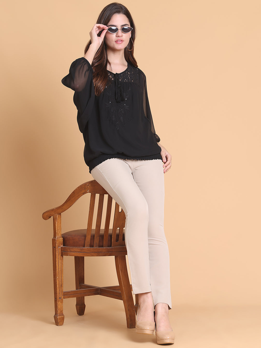 Women's Black Embroidered Boho Top