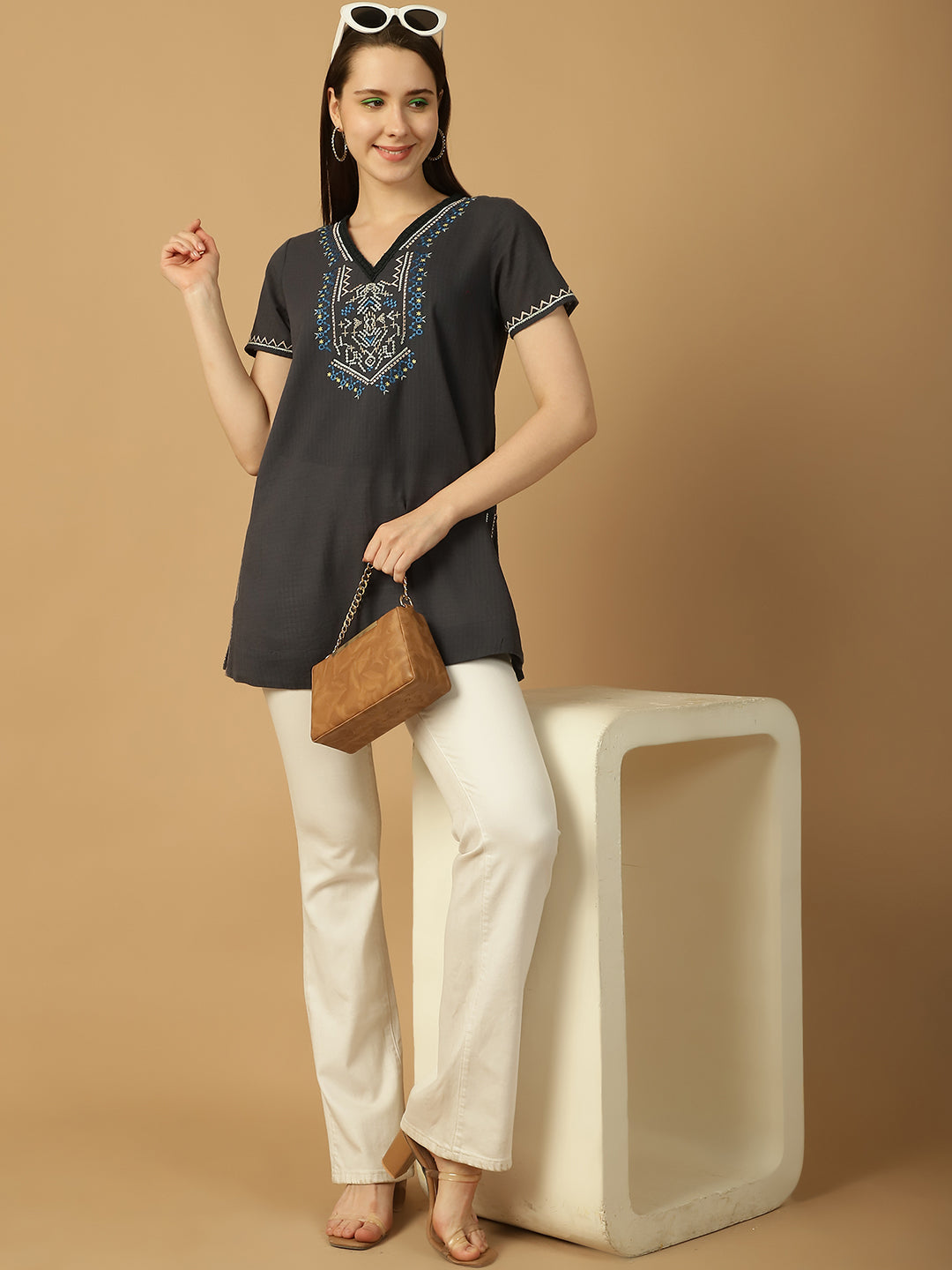 Embroidered Cotton Navy Tunic