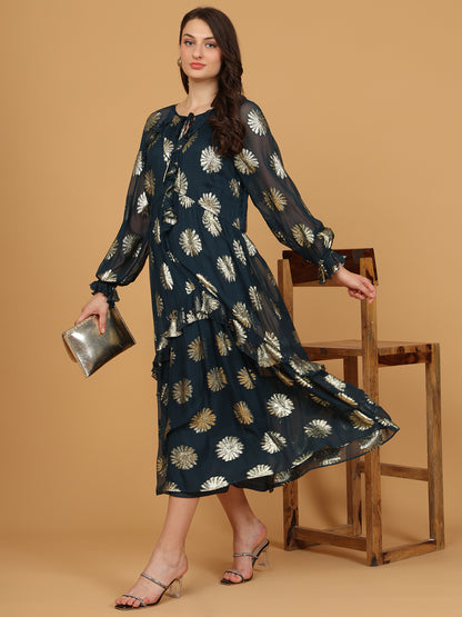 Floral Print Tie-Up Neck   Fit & Flare Midi Dress