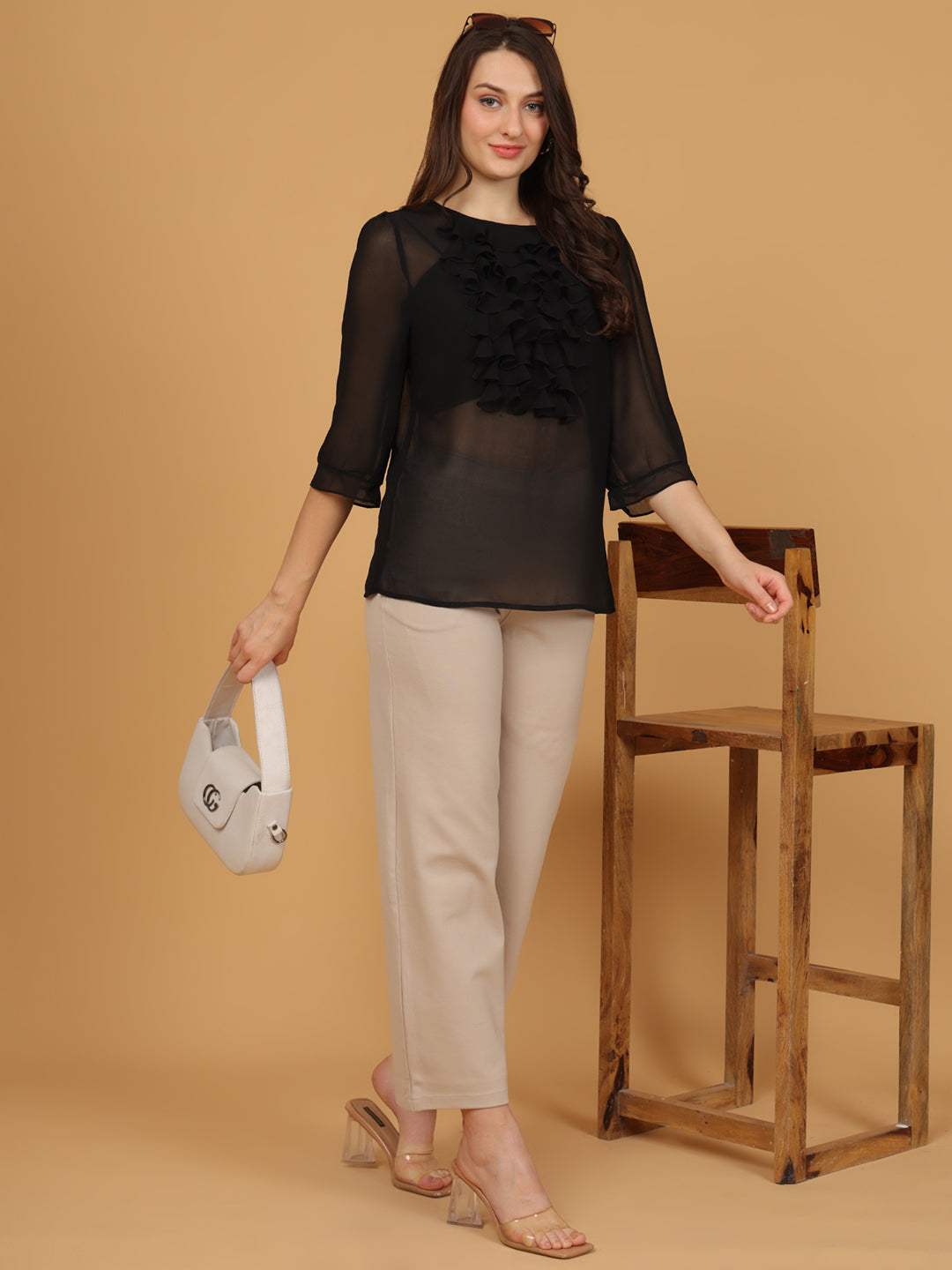 Women Black Sheer Chiffon Top