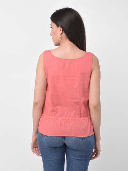 Women Scrunch Waist Detail Pink Embroidered Sleeveless Top