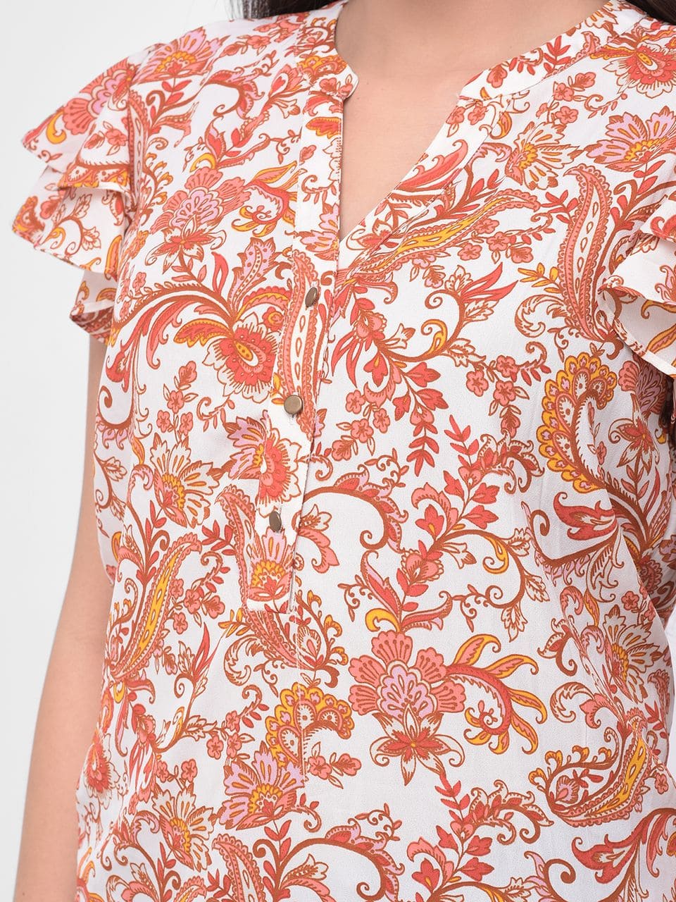 Women Ruffled Short Sleeve Detail Floral Printed Top