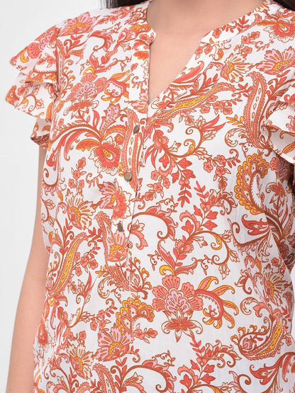 Women Ruffled Short Sleeve Detail Floral Printed Top