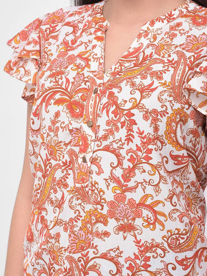 Women Ruffled Short Sleeve Detail Floral Printed Top
