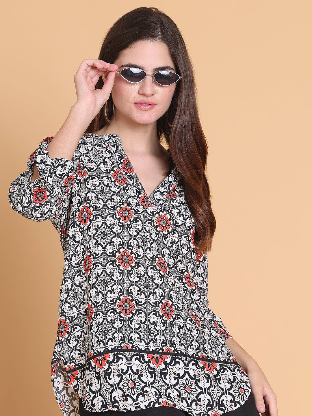 Floral  Geometric Print V-Neck Top with Ruffle Hem