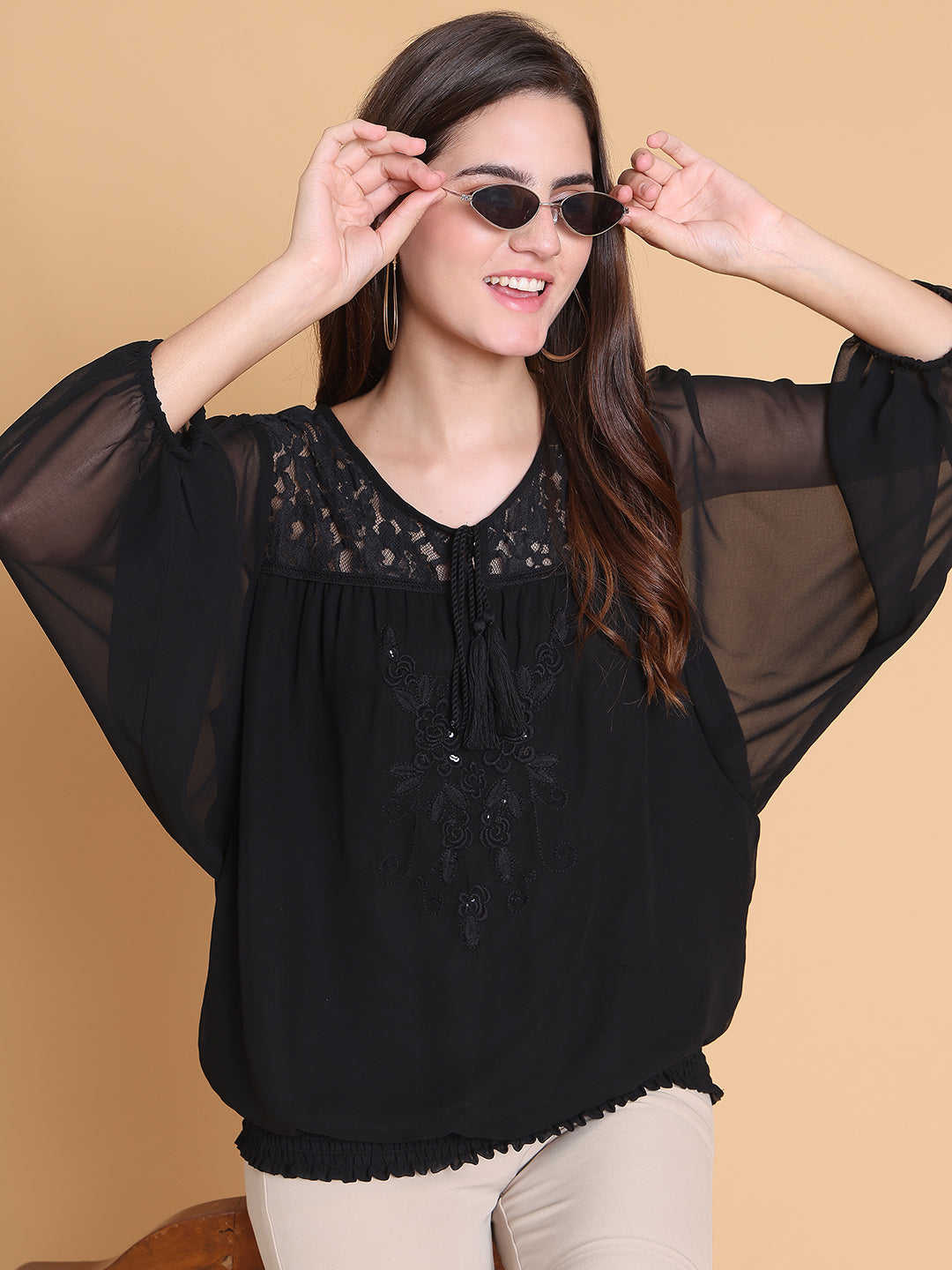 Women's Black Embroidered Boho Top