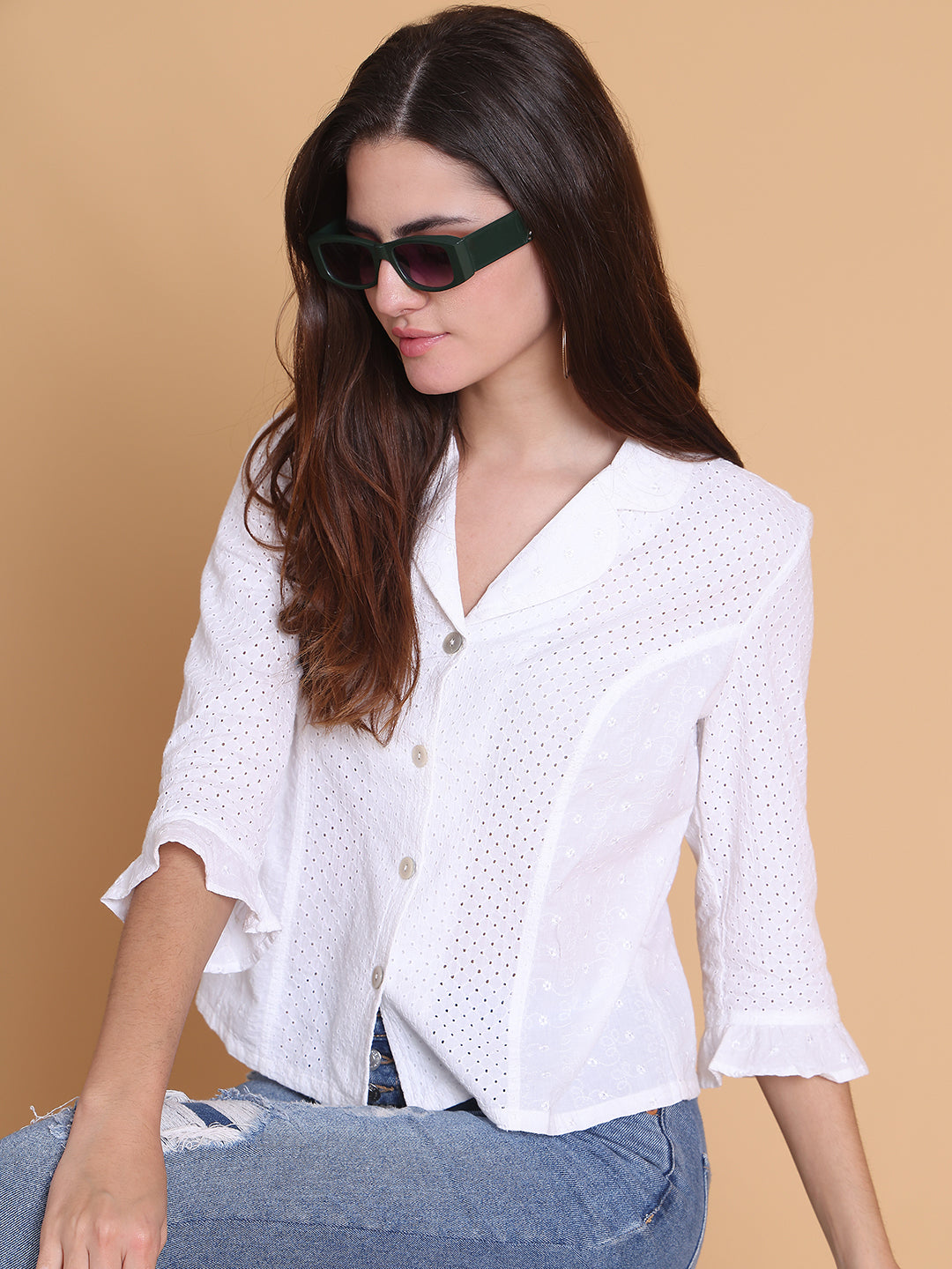 Women's White Cotton Eyelet Shirt
