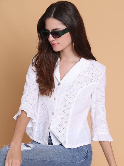Women's White Cotton Eyelet Shirt
