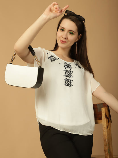 Women White Flared Sleeve Embroidered Regular Top