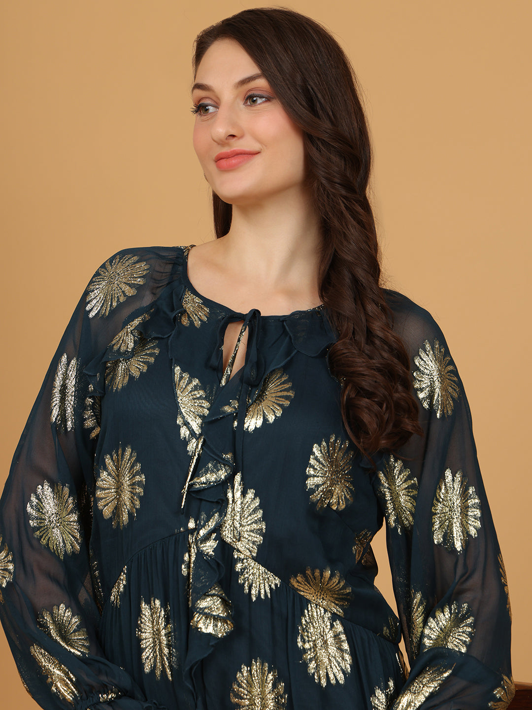 Floral Print Tie-Up Neck   Fit & Flare Midi Dress