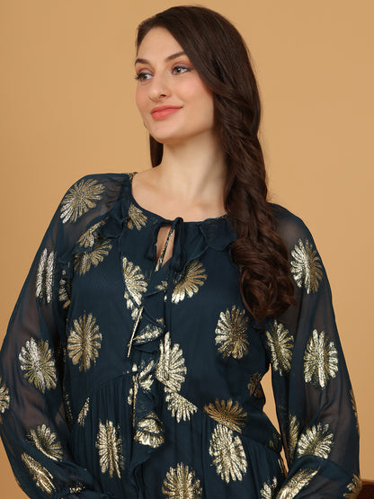 Floral Print Tie-Up Neck   Fit & Flare Midi Dress