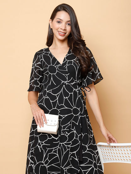 Black Floral Wrap Midi Dress with High-Low Hem