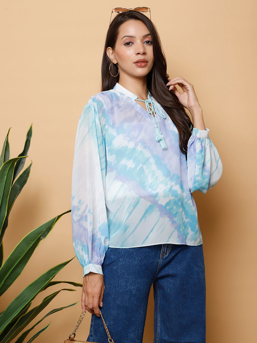 Women’s Blue & White Abstract Tie-Dye Printed Top