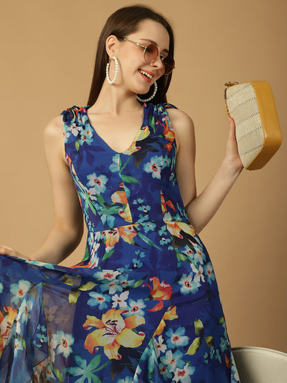 Blue Floral Print Frill Detail Maxi Dress