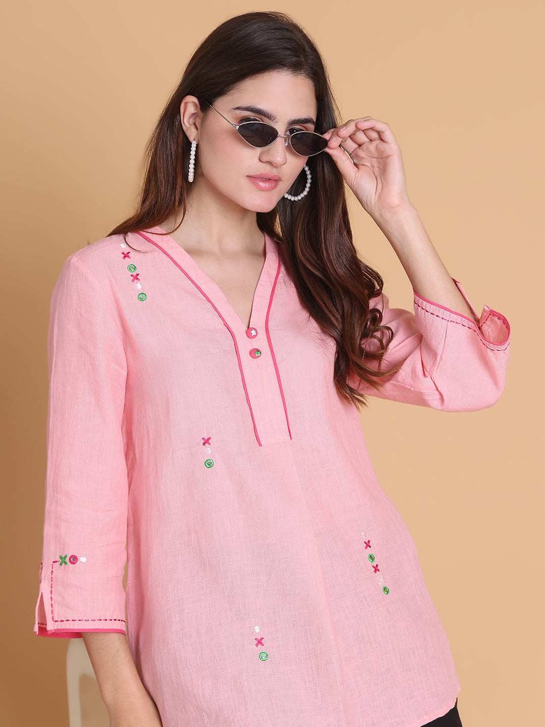 Womens Pastel Pink Cotton-Linen Tunic