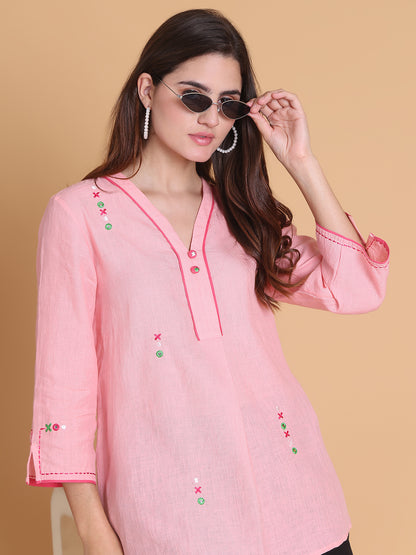 Womens Pastel Pink Cotton-Linen Tunic