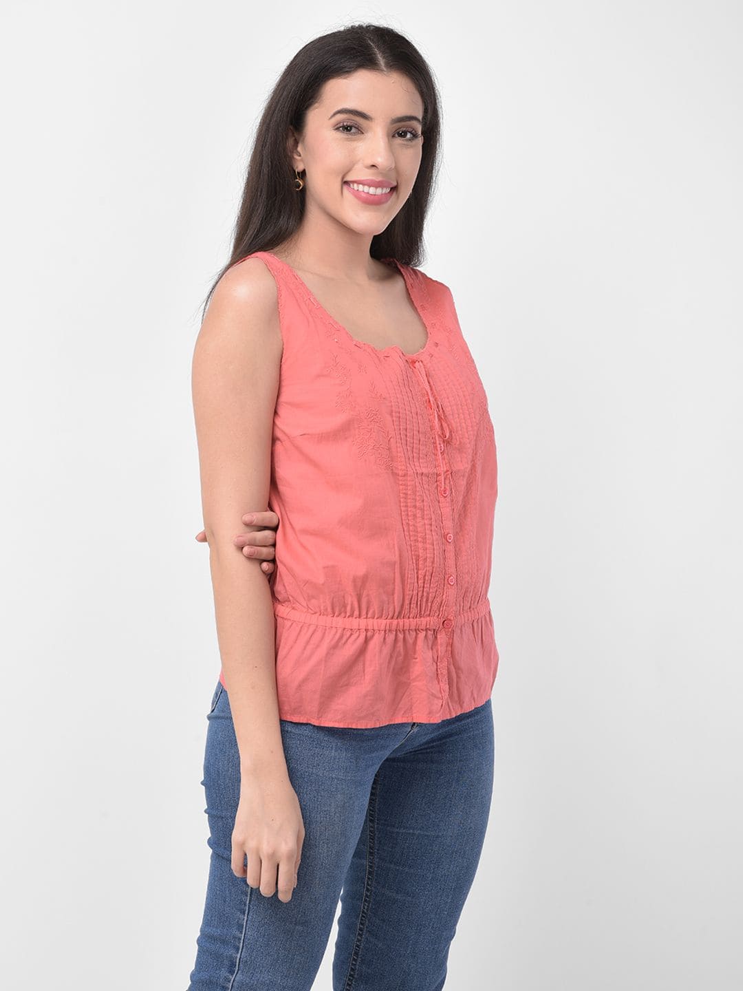 Women Scrunch Waist Detail Pink Embroidered Sleeveless Top