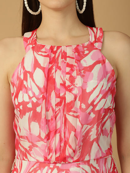 Pink Halter Neck Butterfly Print Dress