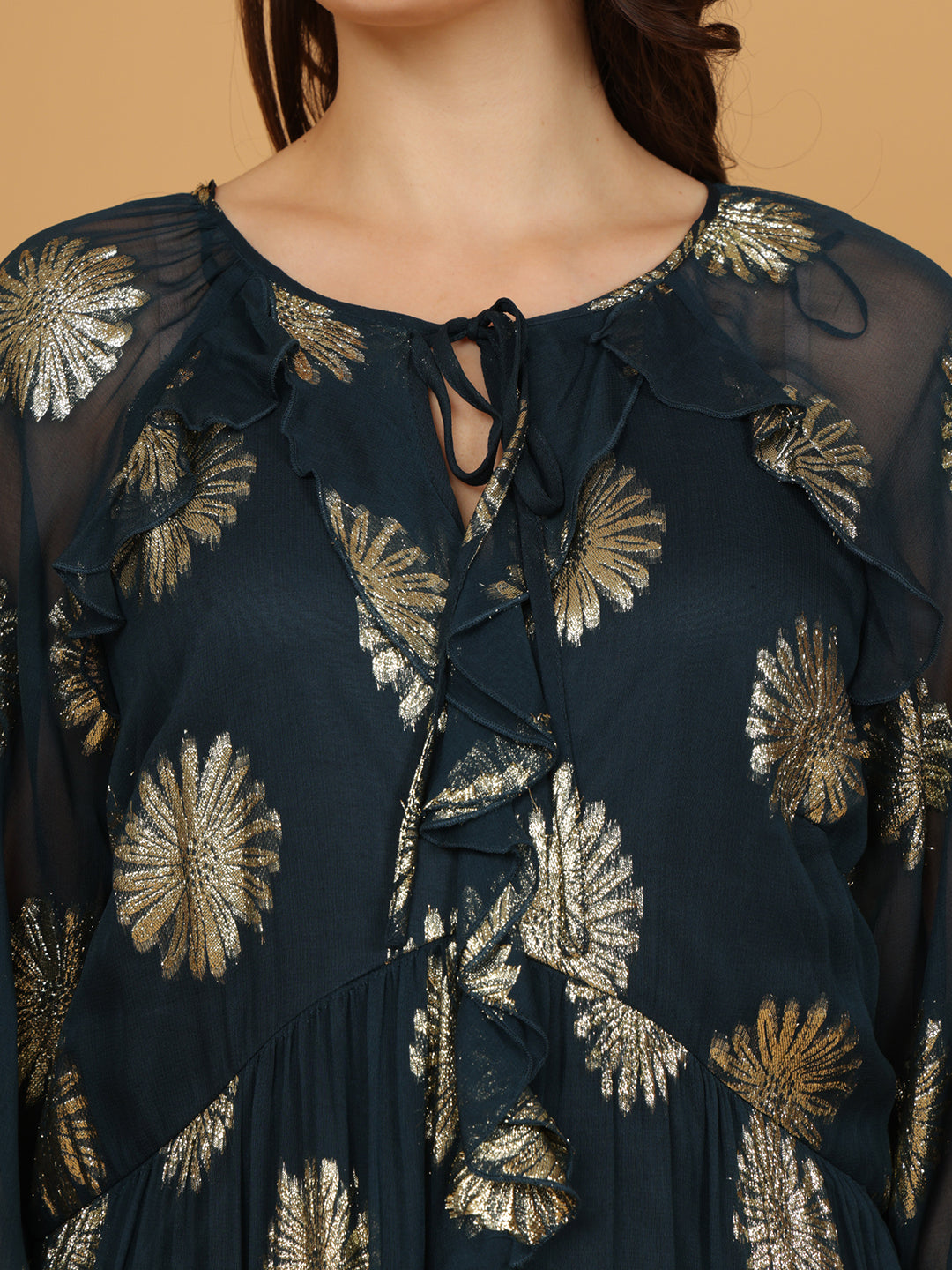 Floral Print Tie-Up Neck   Fit & Flare Midi Dress