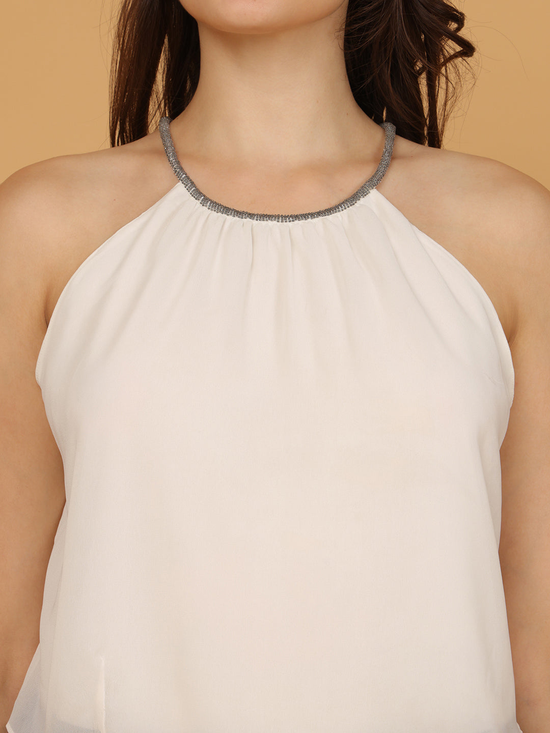 White Halter Neck Layered Chiffon Top