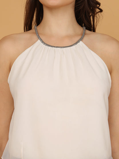 White Halter Neck Layered Chiffon Top