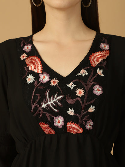 Embroidered Black Empire Top