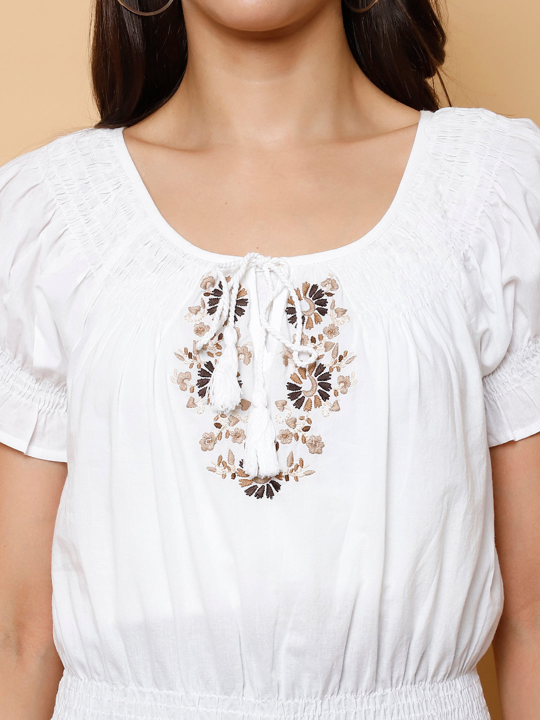 Elasticized Neck Smocked Waist Top