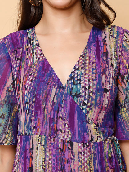 Purple Floral Wrap Midi Dress with High-Low Hem