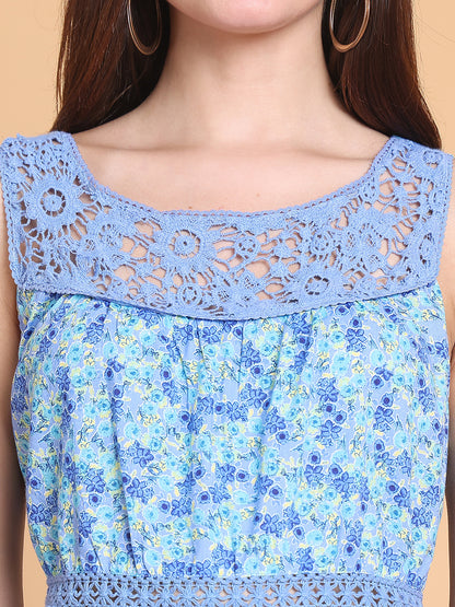 Blue Floral Sleeveless Tunic with Crochet Lace