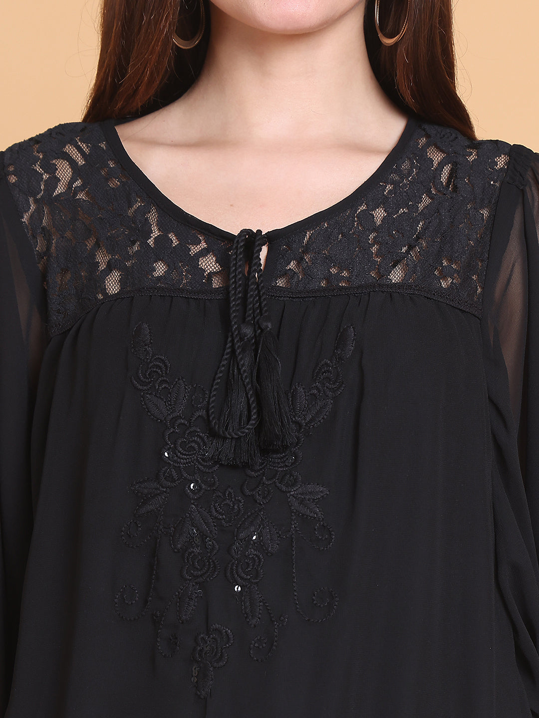 Women's Black Embroidered Boho Top