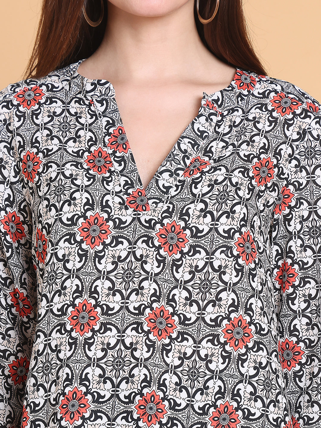 Floral  Geometric Print V-Neck Top with Ruffle Hem