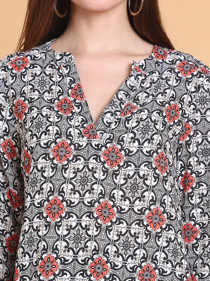 Floral  Geometric Print V-Neck Top with Ruffle Hem