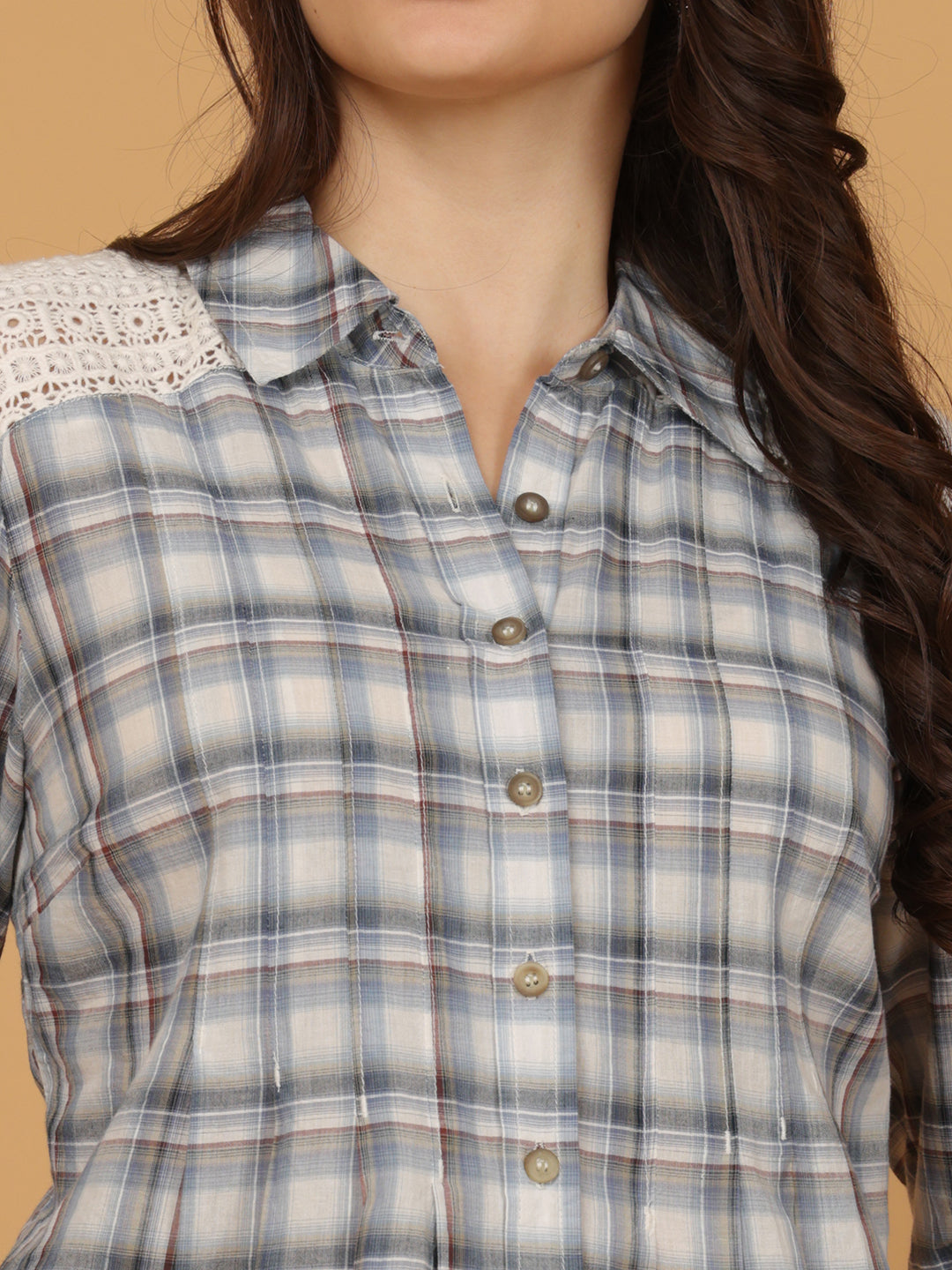 Tartan Checked Lace Cotton Casual Shirt