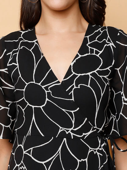 Black Floral Wrap Midi Dress with High-Low Hem