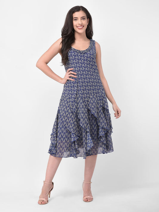 Blue Printed  A-Line Midi Dress