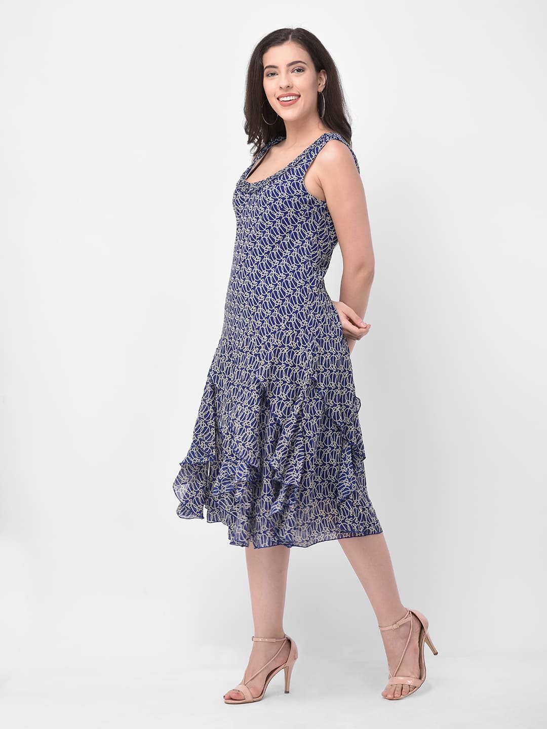 Blue Printed  A-Line Midi Dress