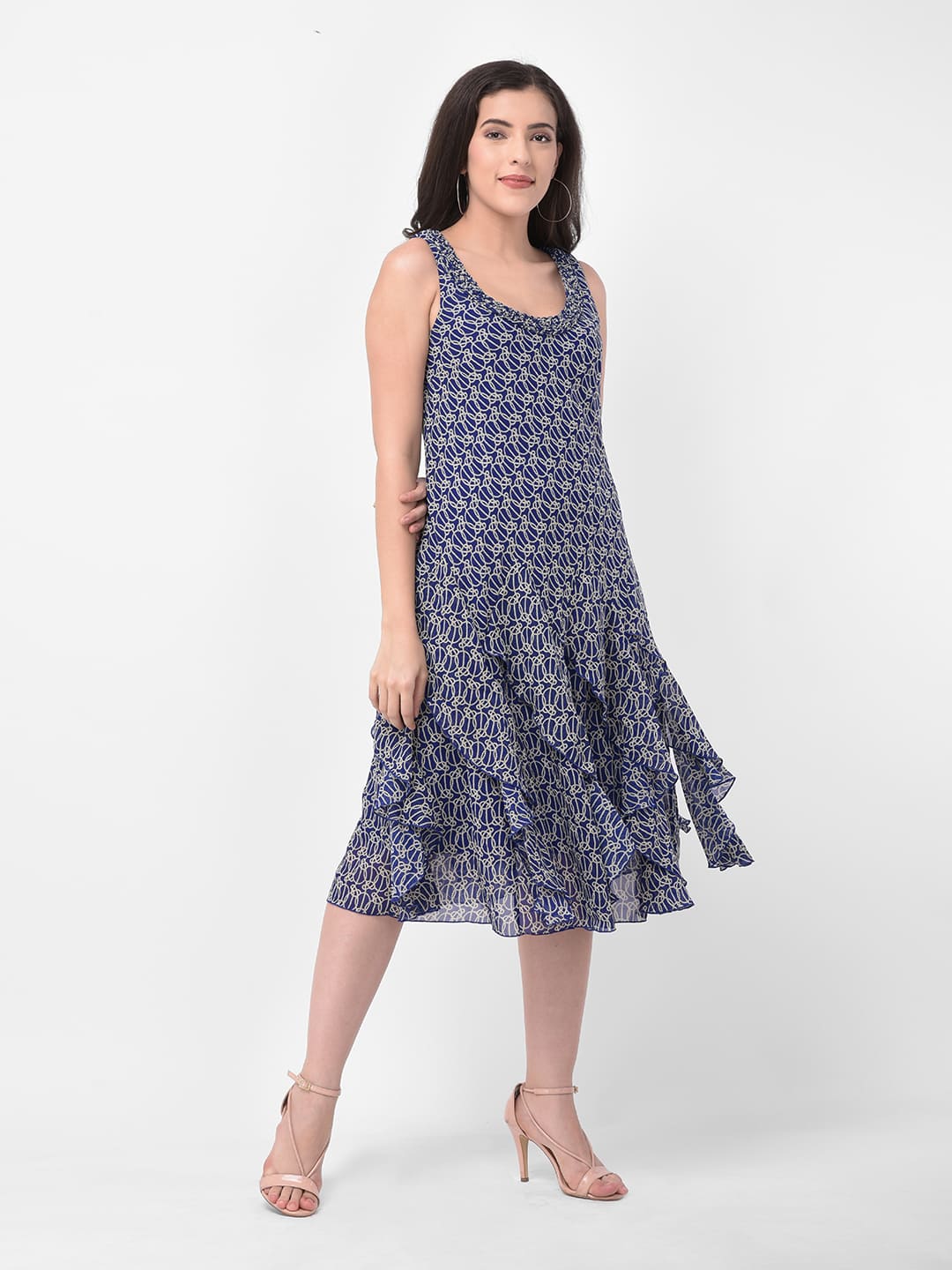 Blue Printed  A-Line Midi Dress