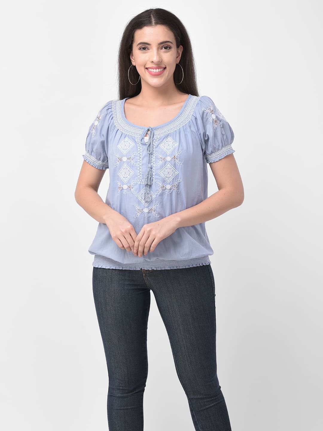 Women Scrunch Trim Detail Blue Embroidered Scoop Neck Top