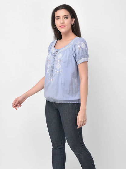 Women Scrunch Trim Detail Blue Embroidered Scoop Neck Top