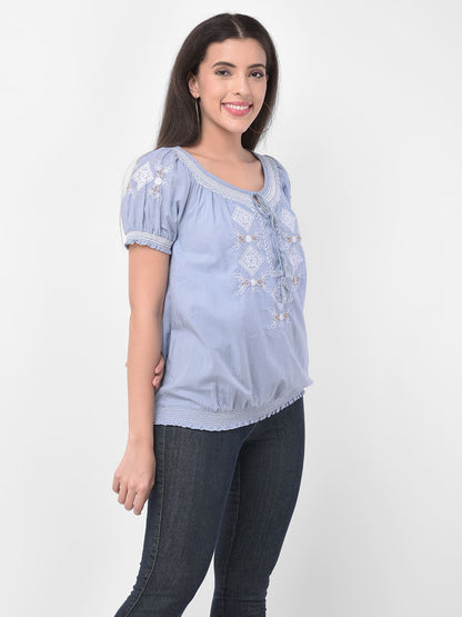 Women Scrunch Trim Detail Blue Embroidered Scoop Neck Top