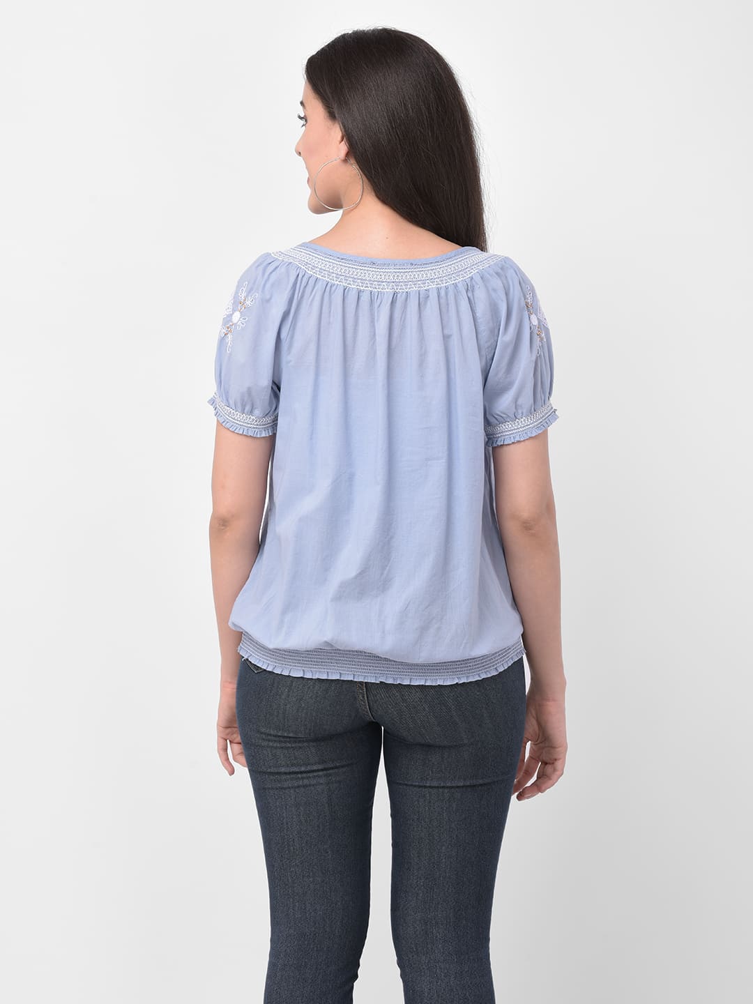 Women Scrunch Trim Detail Blue Embroidered Scoop Neck Top