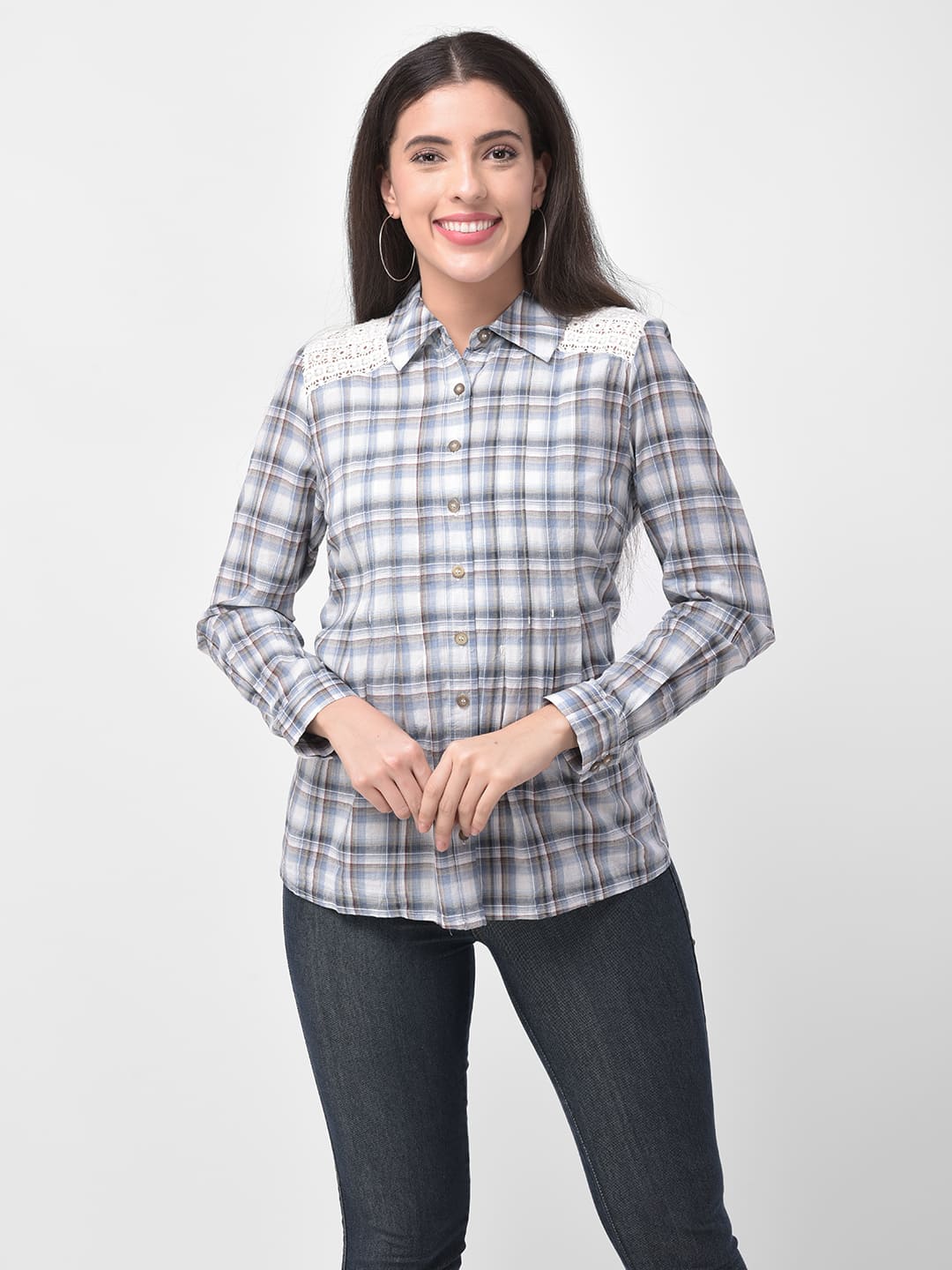 Women Shoulder Lace Patch Detail Blue Checkered Shirt