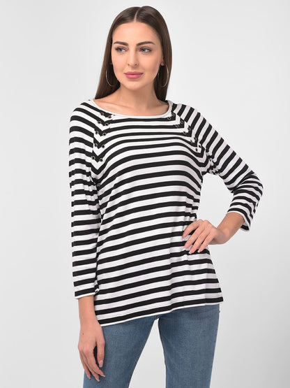 Women Round Neck Stripe Pearl Top
