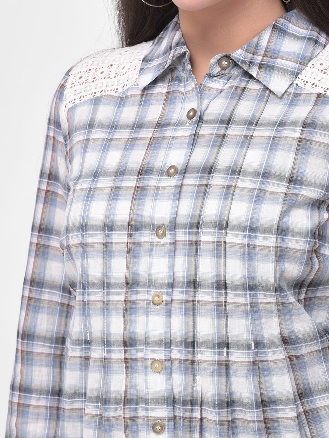 Women Shoulder Lace Patch Detail Blue Checkered Shirt