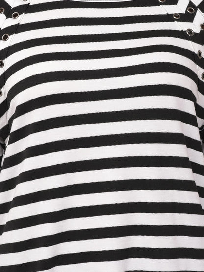 Women Round Neck Stripe Pearl Top