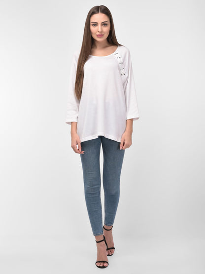 Women Tie Up Detail White Round Neck Boxy Top